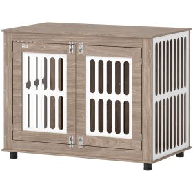 PawHut 39" Dog Crate Furniture with 2 Doors, Adjustable Non-slip Foot Mats, for Large Dogs, Walnut Brown